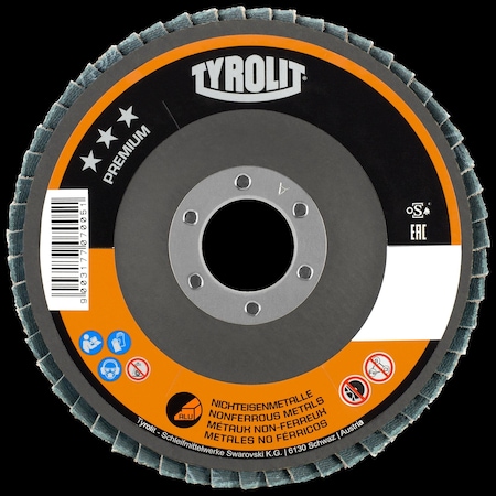 Tryolit Abrasives TYROLIT Premium Fiber Backed Coated Flap Disc for Non-Ferrous Metals, 4-1/2" x 7/8", CA 60 Grit 707007